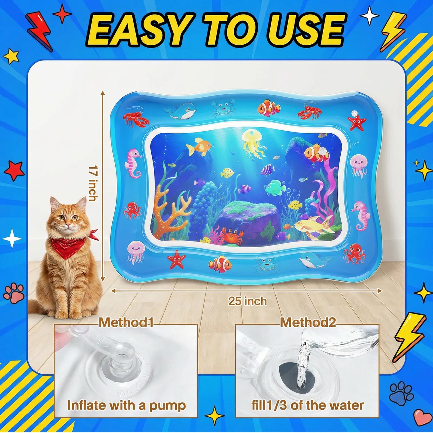 Catpick Cat Water Mat - Upgraded Interactive Cooling & Heating Play Mat with Floating Fish for Cats, 17 x 25 Inches - Durable, Leak-Proof, and Foldable