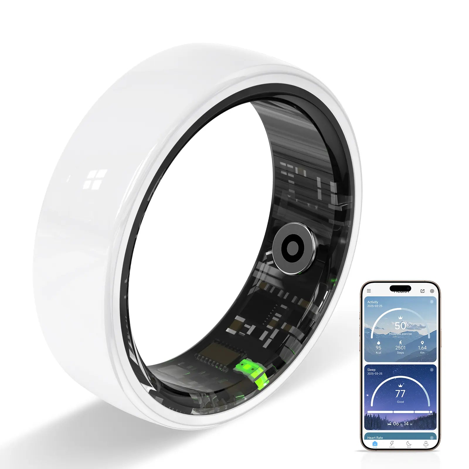 Revolutionary White Ceramic Smart Fitness Ring - Bluetooth Health Tracker for Heart Rate, Sleep, and Step Monitoring - Lightweight & Waterproof Design for Active Men and Women