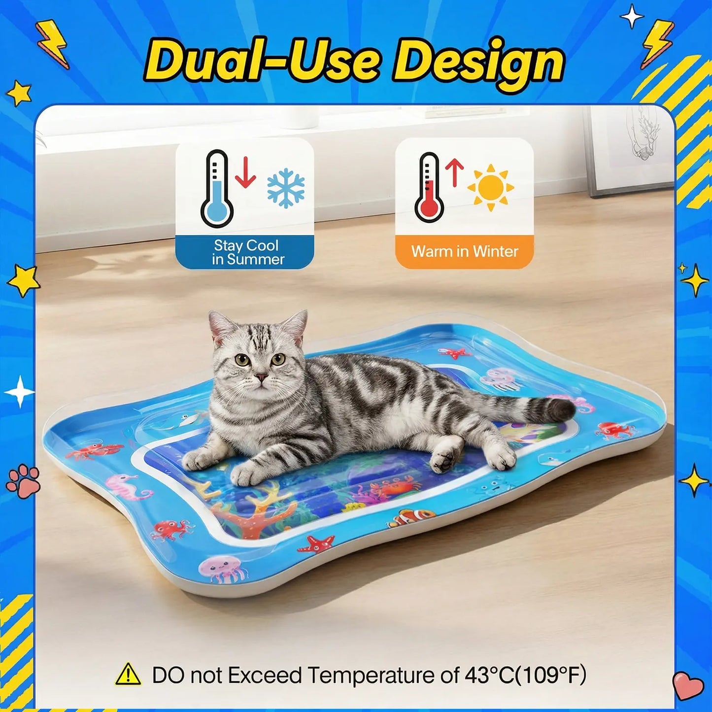 Catpick Cat Water Mat - Upgraded Interactive Cooling & Heating Play Mat with Floating Fish for Cats, 17 x 25 Inches - Durable, Leak-Proof, and Foldable