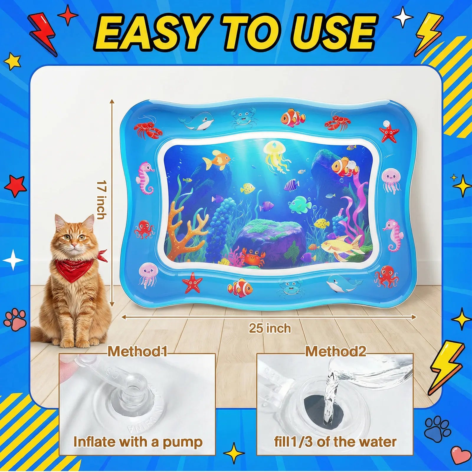 Catpick Cat Water Mat - Upgraded Interactive Cooling & Heating Play Mat with Floating Fish for Cats, 17 x 25 Inches - Durable, Leak-Proof, and Foldable