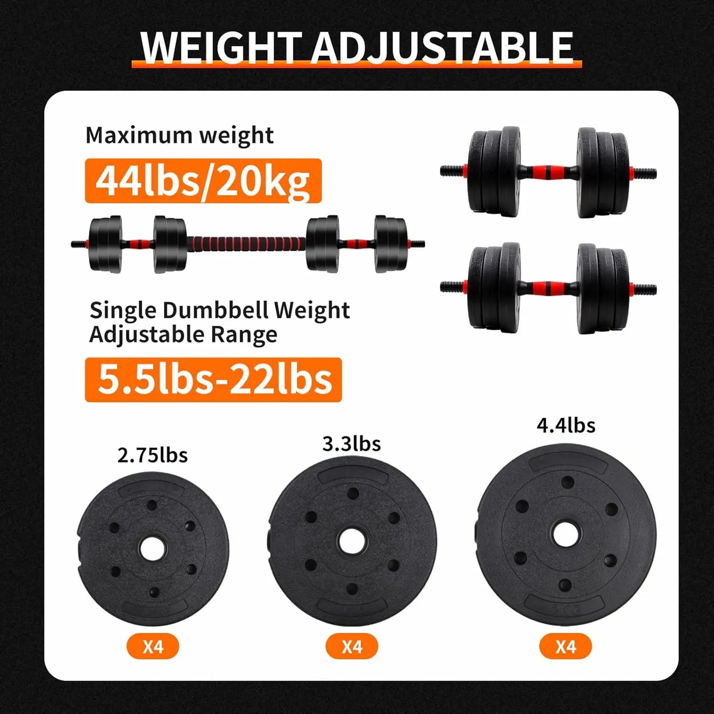 Summervibes 22/44Bls Adjustable Dumbbell Set for Home Gym Fitness Weight Plates, 3-In-1 Ergonomic Modes, Heavy Duty Cast for Strength Training Barbell Weight Set Exercise Equipment Gifts for Mother'S Day