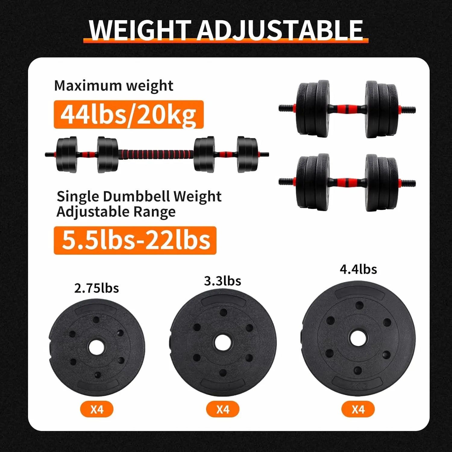 Summervibes 22/44Bls Adjustable Dumbbell Set for Home Gym Fitness Weight Plates, 3-In-1 Ergonomic Modes, Heavy Duty Cast for Strength Training Barbell Weight Set Exercise Equipment Gifts for Mother'S Day