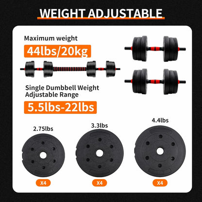 Summervibes 22/44Bls Adjustable Dumbbell Set for Home Gym Fitness Weight Plates, 3-In-1 Ergonomic Modes, Heavy Duty Cast for Strength Training Barbell Weight Set Exercise Equipment Gifts for Mother'S Day